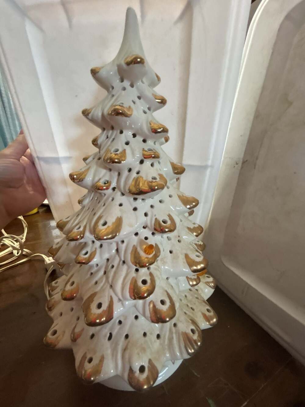 Holland Mold Ceramic Christmas Tree with Gold Accents and Plastic Bulbs